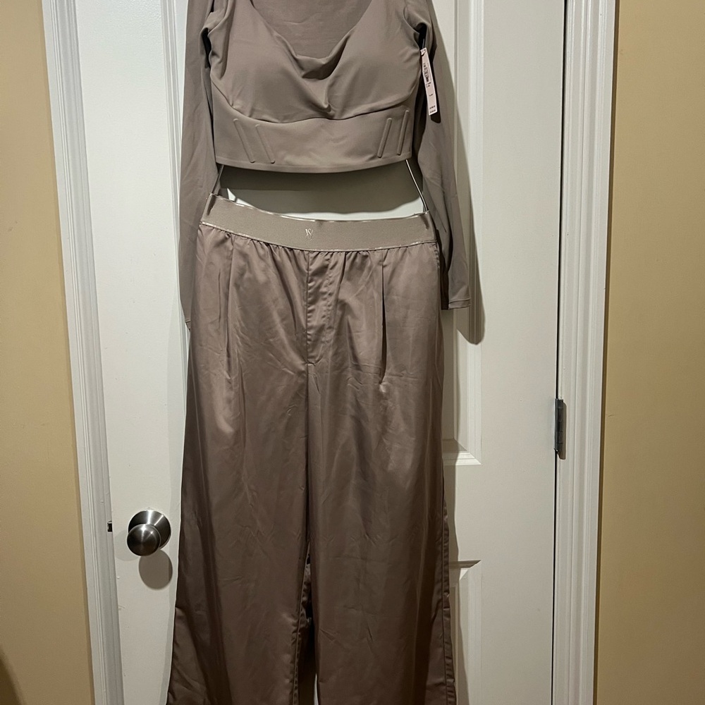 Victoria's Secret Wide-Leg Satin Pants with Matching Crop Top - Taupe